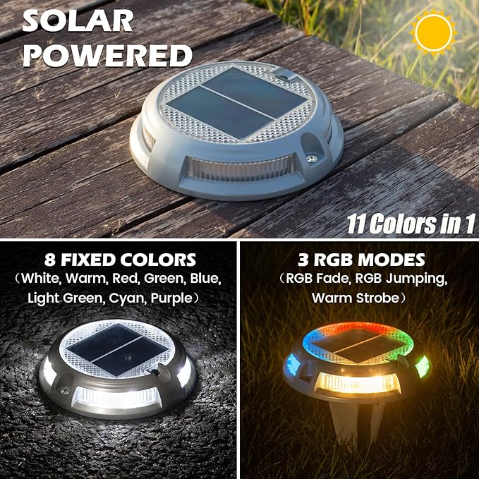 SIEDiNLAR Solar Driveway Lights Outdoor 16 LEDs 9 Modes, Dock Markers Deck Lights Waterproof Warning for Driveway Ground Step Walkway Pathway Yard Garden, RGB (16 Pack)
