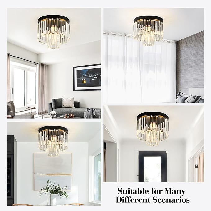 12.6" Black Crystal Ceiling Light 4-Light Modern Fixture 2-Tier Luxury K9 Crystal, for Dining Room Kitchen Island Living Room Bedroom - Aura Lighting