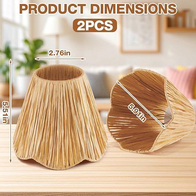 2 Pcs Clip-On Chandelier Lamps Shade Small Scalloped Lampshade 3"Top x 6"Bottom x 5-1/4"Slant Height Empire Brown Lamp Shade Chandelier or Accent Lamp(Raffia)