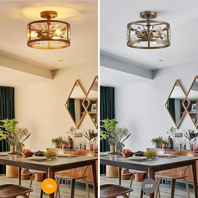 WUZUPS Crystal Leaf Chandelier 3-Light Vintage Farmhouse Industrial Semi-Flush Mount Ceiling Light Modern Lighting Fixture Foyer Hallway Storage Room Kitchen Bathroom, H 8.5" W 12", Oil Rubbed Bronze