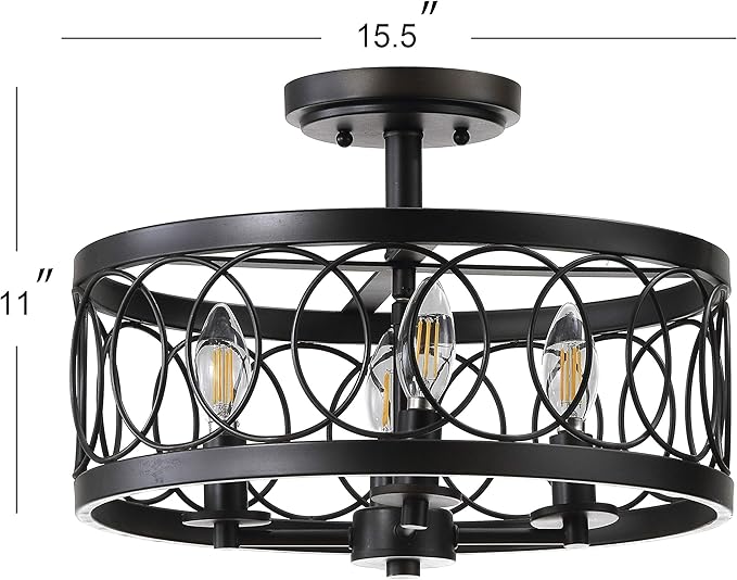 JONATHAN Y 15.5" Oil Rubbed Bronze 4-Light Metal LED Semi-Flush Mount Ceiling Light, Metal Fretwork Shade for Bedroom Entryway Hallway, Traditional Round Dimmable Fixture JYL9040A