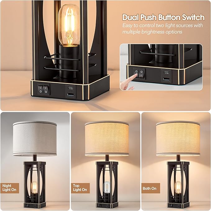SRJJA Farmhouse Table Lamps Set of 2 for Living Room, Rustic Industrial Bedside Lamps with USB A+C Charging Ports, 22.5" Dual Light Nightstand Lamp with Linen Shade for Bedroom End Tables