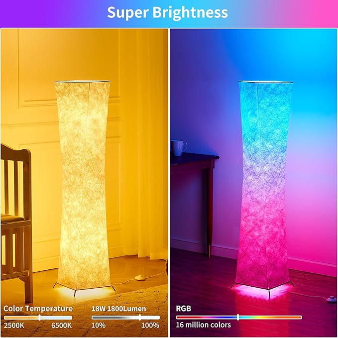 chiphy Floor lamp, RGB Standing Lamps for Bedroom, 7 Colors Changing and Dimmable LED Bulbs, Remote Control and White Fabric Shade, Modern Light for Living Room and Play Room