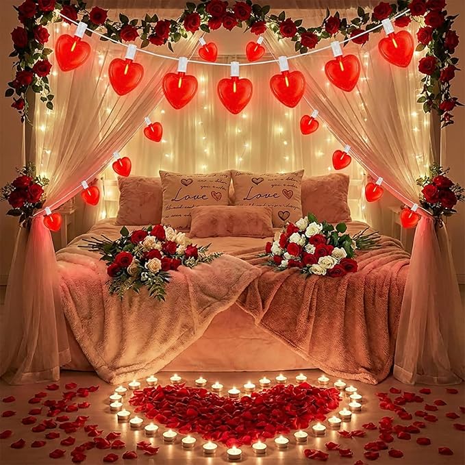 20Ft Valentine's Day Lights Outdoor with Glittering 3D Red Heart Shaped Lights, 22 Dimmable LED Bulbs(2 Spare) Waterproof for Indoor and Outdoor Wedding Anniversary Party Valentine's Day Decorations