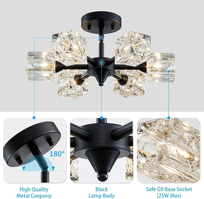 XINGQI Modern Sputnik Chandelier 6-Lights Black Ceiling Light Fixture Small Farmhouse Semi Flush Mount Ceiling Light Glass Industrial Lighting for Hallway Dining Room Living Room Kitchen Bedroom - Aura Lighting
