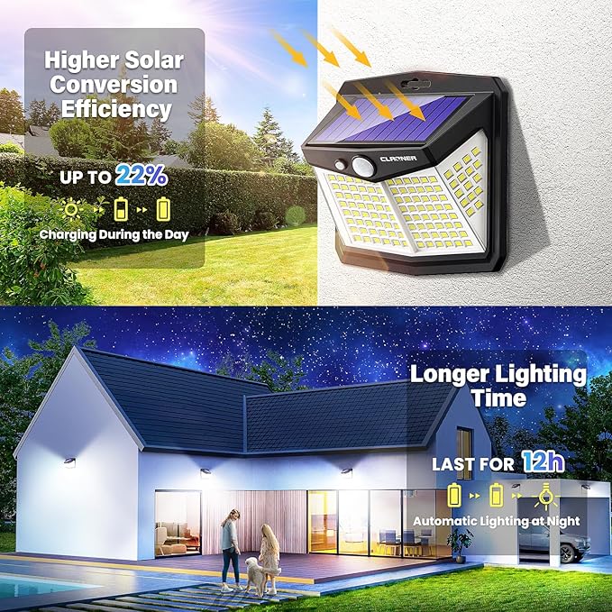 CLAONER Solar Lights Outdoor, [128 LED/8 Packs] Solar Motion Lights 3 Working Modes Wall Lights with 270°Wide Angle Wireless IP65 Waterproof Motion Sensor Outdoor Deck Light, Cold White