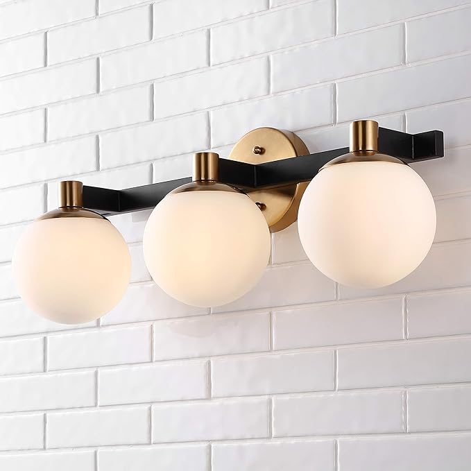 JONATHAN Y 5.75" Brass Gold/Black Modern Globe LED Vanity Wall Sconce Light, White Frosted Glass Shade, Mid-Century Art Deco Wall Lamp for Bathroom, Kitchen, Hallway (JYL3542A)