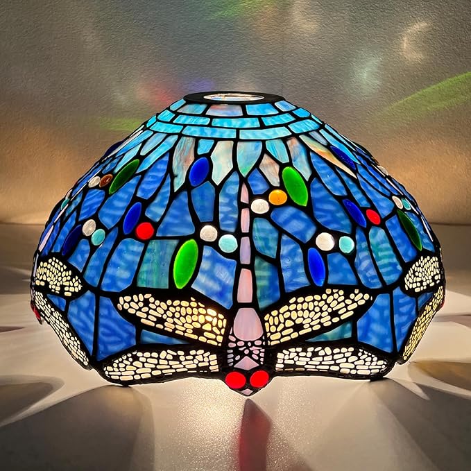 Capulina Tiffany Lamp Shade 12 Inches Wide Accessories Replacement Blue Dragonfly Style Stained Glass Lampshade for Torchiere Floor Lamp and Pendant Light
