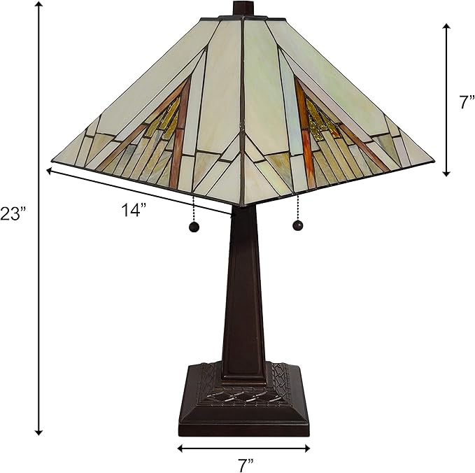 Tiffany Style Table Lamp Banker Mission 23" Tall Stained Glass Tan Brown Vintage Antique Light Décor Night Stand Living Room Bedroom Handmade Gift AM348TL14 Amora Lighting