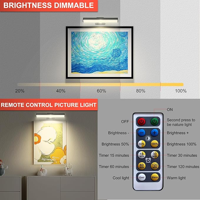 Wall Picture Lights with Remote, Dimmable Painting Light Battery Powered with 3 Lighting Colors,Timer auto-OFF, Art Display Light for Indoor Wall Pictures Paintings Frames Gallery Hallway-6PACK