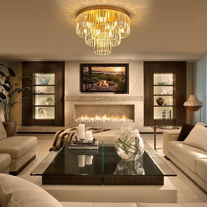 10-Light Gold Crystal Ceiling Light 21.65" Modern Crystal Ceiling Light Fixture 3-Tier Luxury K9 Crystal Flush Mount for Dining Room Kitchen Island Living Room Bedroom Entryway - Aura Lighting