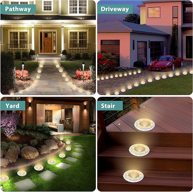 Solar Ground Lights 12 Pack Waterproof Outdoor LED Solar Garden Lights Bright Solar Powered Disc Light In-Ground Landscape Lighting for Patio Pathway Walkway Driveway, Warm White