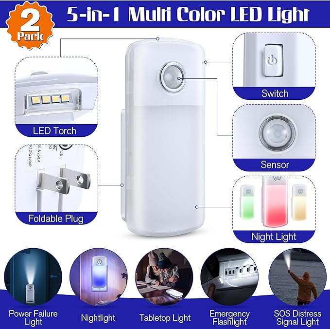 Enhon Emergency Power Failure Night Lights, 5-in-1 Multi Color LED Light, Rechargeable Flashlight with Foldable Plug, Automatic On Off Motion Sensor for Bedrooms, Hallways, Black Outs (2 Pack)