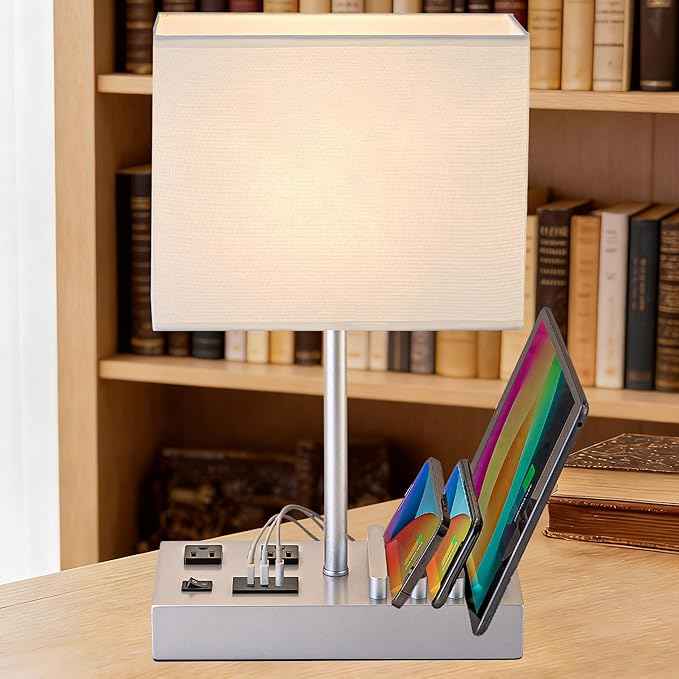 Dreamholder Bedside Table Lamp with 3 USB Charging Ports, 2 AC Outlets and 3 Phone Stands, Modern USB Desk Lamp with Silver Wooden Base
