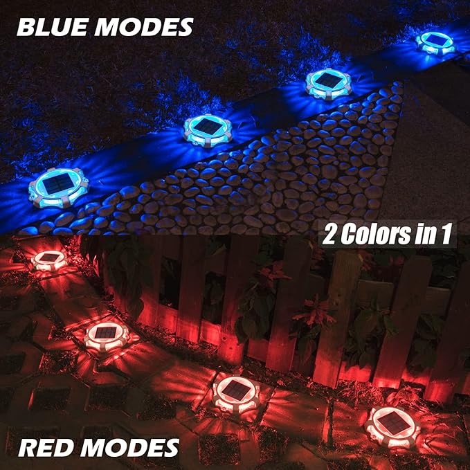 SIEDiNLAR Solar Deck Lights Outdoor 2 Modes LED Driveway Markers Dock Light Waterproof for Step Walkway Ground Stair Pathway Yard Road Garden 8 Pack (Blue/Red)