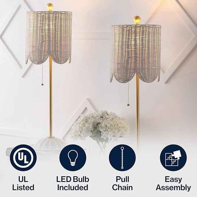 JONATHAN Y 27.5" White/Brass Gold Coastal Buffet Table Lamp Set of 2 for Bedroom, Boho Table Lamps with Natural Rattan Scalloped Shade, Pull Chain, LED Bulbs Included (JYL1138B-SET2)