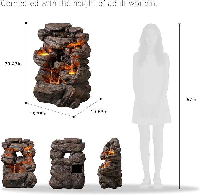 Outdoor Waterfall Fountain 20.5" Tiered with LED Lights, Natural Rock Design, Weatherproof Resin – Waterfall Fountain for Garden, Patio, Yard 24393