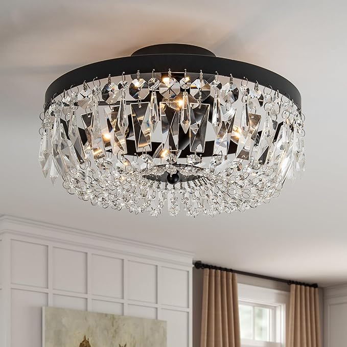 Veronie Crystal Black Ceiling Light, 3-Lights Modern Semi Flush Mount Ceiling Lighting Fixture, Round Hallway Lighting Fixtures for Kitchen Entryway Bedroom Laundry Room