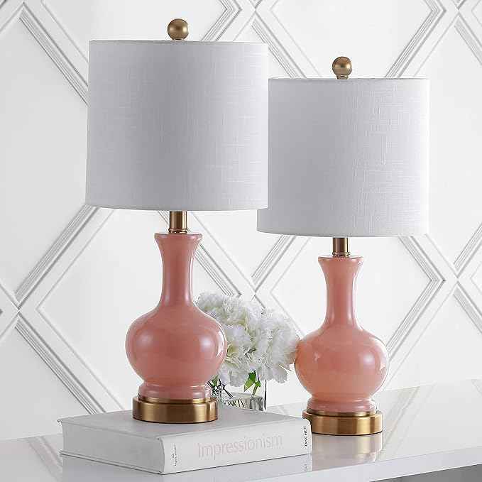 JONATHAN Y 22" Light Coral/Brass Gold Modern Glass Table Lamp Set of 2, Brass Gold Bedside Lamp with White Linen Shade for Bedroom Living Room, LED Bulbs Included (JYL4033D-SET2)