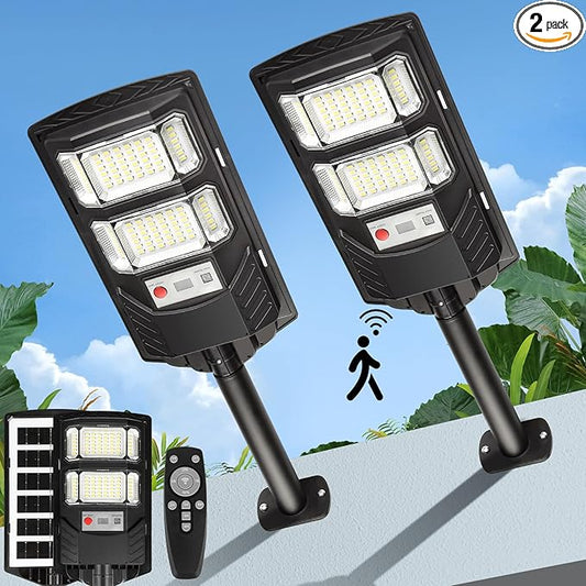 Solar Street Lights Outdoor Waterproof: 2 Pack LED Solar Dusk to Dawn Flood Light Outside 10000 Lumen Solar Powered Security Exterior Wall Mount Lamp Motion Sensor Remote Control for Yard Parking