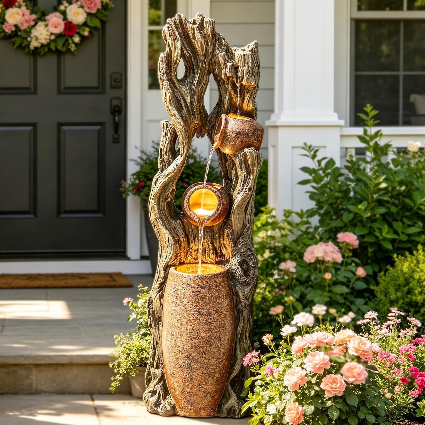 42.7" 3 Tier Outdoor Water Fountain LED Tree Trunk Jar Waterfall
