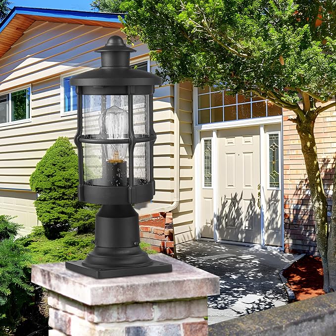 Outdoor Post Lights, Exterior Post Sconce, Outdoor Lamp, Pathway Post Lighting Fixture, Patio Pillar Light in Black Finish with Seeded Glass