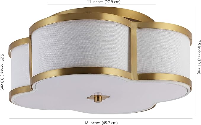 JONATHAN Y 13" Brass Gold Modern Scalloped LED Flush Mount Ceiling Light Fixture, White Linen Shade Quatrefoil Chandelier for Bedroom Living Room Kitchen Hallway Foyer (JYL9508B)