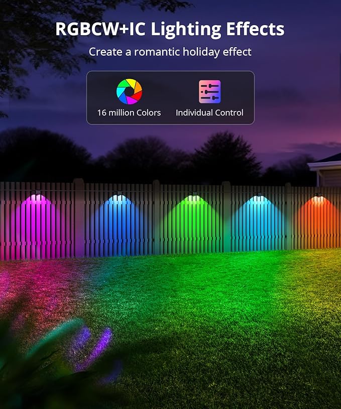 Outdoor Deck Lights 16 Packs, Smart RGBCW Fence Light, 100+ Scene Modes, Dual Lens LED String Lights with APP/Voice/Remote Control, IP65 Waterproof for Halloween Christmas Decor, 105ft Black