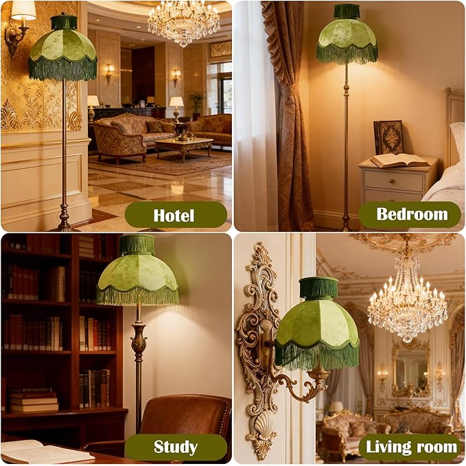 Caramel-colored velvet fringe lampshade 7.8" Top x 17.7" Bottom x 13.4" High x 15 Slant"- Large Dome with Scalloped Edge & Fringe Tassels, for Table/Floor Lamps(1, green, Large)
