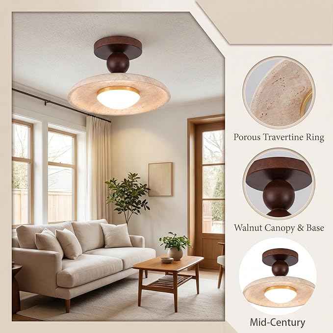 Mid-Century Travertine LED Ceiling Light, 3-Color Dimming Modern Round Natural Stone Walnut Wood Ceiling Lamp, Minimalist Flush Mount Overhead Lighting Fixture, for Living Room Bedroom