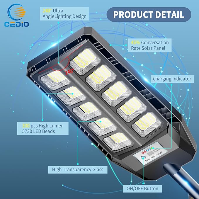 CEDIO 6500W Solar Light Outdoor, Solar Street Lights Outdoor IP66 Waterproof, 6500K Dusk to Dawn LED Security Flood Lights Motion Sensor with Remote Control for Yard(6500K-2PACK)
