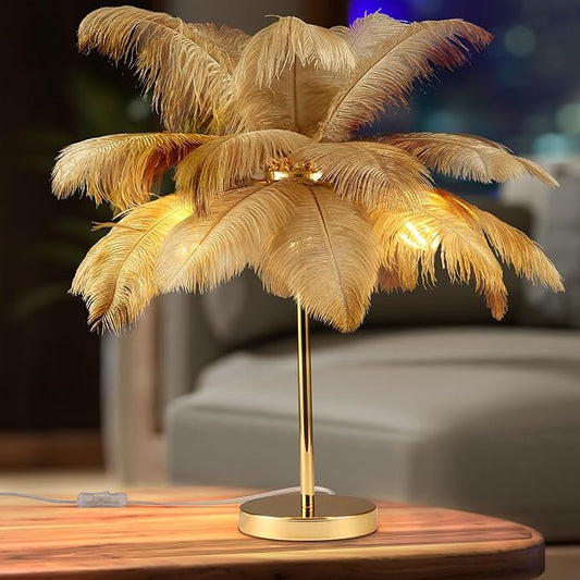 MAYOLA Modern Ostrich Feather Table Lamp with Plug in Wire,3-Light Bedside Floor Lamp for Living Room, Bedroom and Office 24” Tall Feather Desk Lamp (Ostrich Color, Table Lamp-Metal) - Aura Lighting