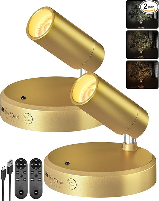 EZVALO LED Spotlight Indoor, 5500mAh Rechargeable Battery Uplighting Indoor, Wireless Mini Art Accent Spot Lights with Remote, for Plants Display Painting Dartboard Artwork Portrait Closet(2Pack-Gold) - Aura Lighting