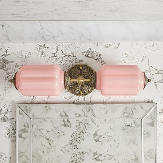 Vintage Vanity Light - 2-Light Wall Sconce with Brass Finish Base & Green Glass Shade - Wall Sconce Lighting for Mirror, Kitchen, Living Room, Gallery (Bulbs Included) (Pink)