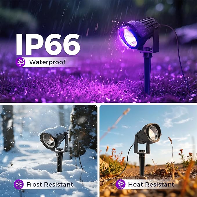 L LOHAS LED Christmas Spotlight Outdoor, Purple Halloween Spot Lights for Yard, Auto On/Off 5W 120V Landscape Lighting for House, Holiday, Trees, Decoration, 450LM IP66 Waterproof, UL Listed, 2 Pack - Aura Lighting