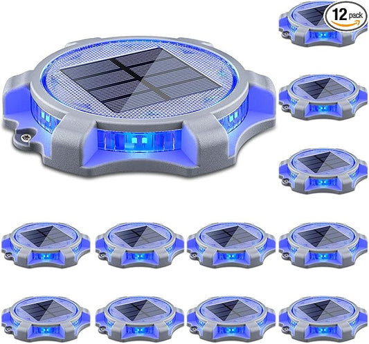 SIEDiNLAR Solar Deck Lights Outdoor 2 Modes LED Driveway Markers Dock Light Waterproof for Step Walkway Ground Stair Pathway Yard Road Garden 12 Pack (Blue/Red)