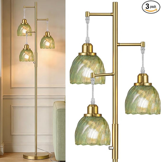 ROTTOGOON Dimmable Gold Floor Lamps for Living Room, Vintage Tree Standing Lamp with Glass Shades, 3 Light Mid Century Flower Floor Lamps for Bedroom, Office, 6W, Brushed Gold & Green Shades