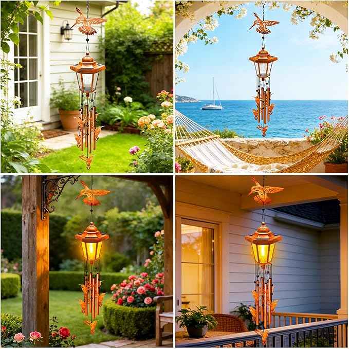 Hummingbird Solar Wind Chimes for Outside, Birthday Gifts for Mom Women Grandma Mother's Day Memorial, 34-Inch Windchimes with Wind Spinner, Outdoor Hanging Solar Lights Yard Garden Decor, 2 Pack