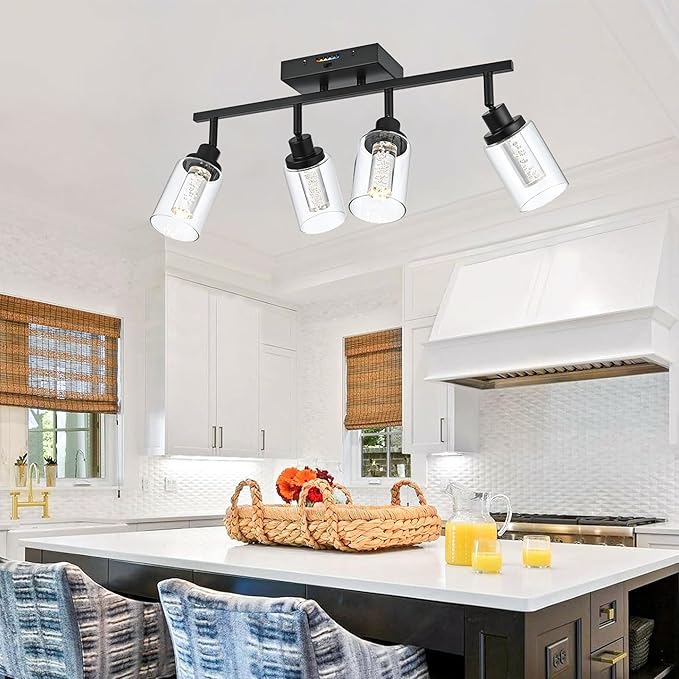 MELUCEE LED Track Lighting Fixtures Ceiling 4-Light Black Semi Flush Mount Ceiling Light Bathroom Wall Light with Flexibly Rotatable Light Heads, Built-in LED Chips, 5-Color Temperature Adjustable - Aura Lighting