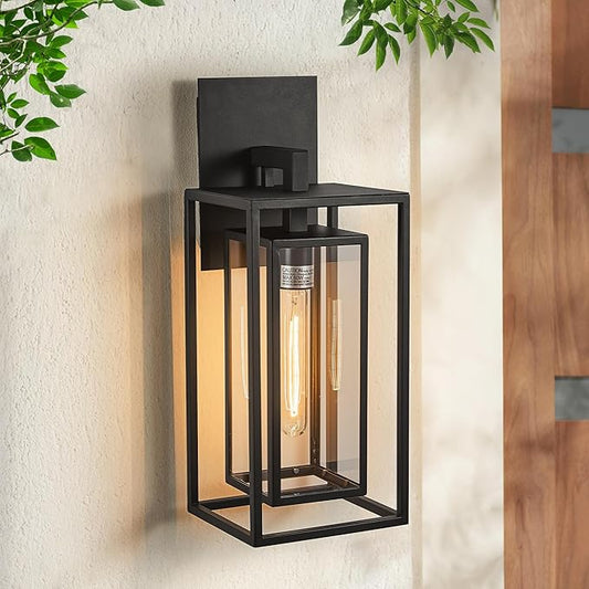 18"Ht Modern Industrial Outdoor Wall Light Fixture with Textured Black Anti-Rust Metal and Clear Glass, Wet Rated for Exterior House Porch Patio Outside Deck Garage Yard Front Door Garden - Aura Lighting