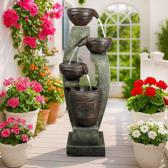 Naturefalls 40" Tall Outdoor Water Fountain and Waterfalls - Large Garden Fountain with LED Lights, 4-Tier Crocks, Indoor and Outdoor Fountains for Garden, Patio, Deck, Porch, Backyard and Home, Gray