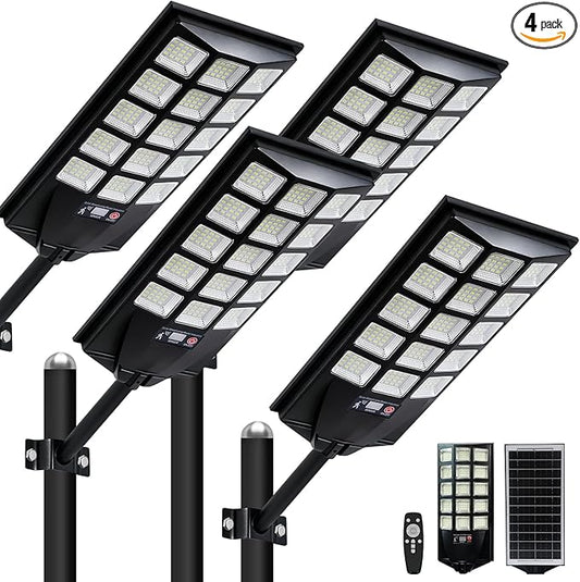 Jercoda Solar Street Lights Outdoor, 6500K 50000LM LED Flood Light Motion Sensor Dusk to Dawn Security Lights with Remote Control, Waterproof Solar Powered Lighting for Garden Yard Parking Lot, 4 Pack
