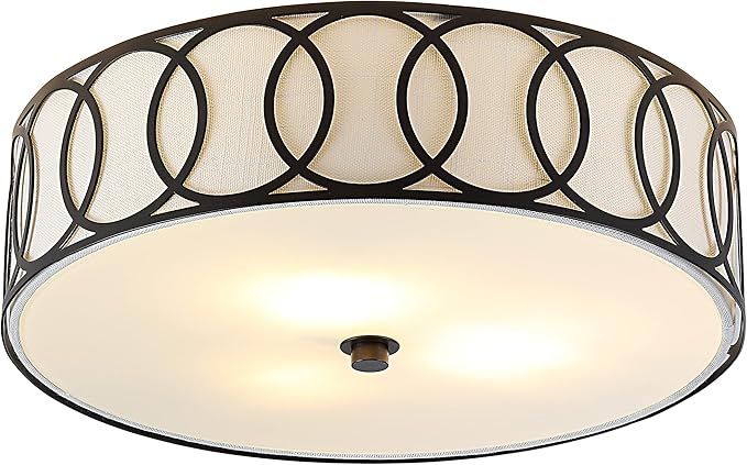 JONATHAN Y 12.25" Oil Rubbed Bronze Modern Metal LED Flush Mount Ceiling Light for Bedroom Hallway, White Linen Drum Shade with Geometric Fretwork, LED Bulbs Included (JYL3503C)