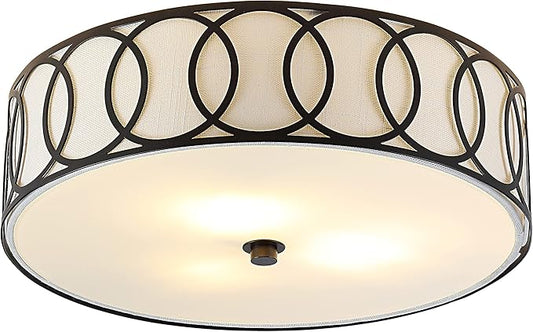 JONATHAN Y 12.25" Oil Rubbed Bronze Modern Metal LED Flush Mount Ceiling Light for Bedroom Hallway, White Linen Drum Shade with Geometric Fretwork, LED Bulbs Included (JYL3503C)