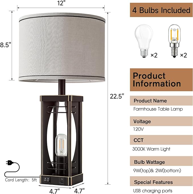 SRJJA Farmhouse Table Lamps Set of 2 for Living Room, Rustic Industrial Bedside Lamps with USB A+C Charging Ports, 22.5" Dual Light Nightstand Lamp with Linen Shade for Bedroom End Tables