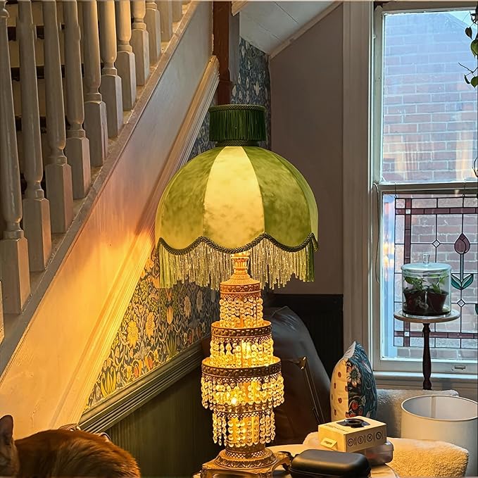Caramel-colored velvet fringe lampshade 7.8" Top x 17.7" Bottom x 13.4" High x 15 Slant"- Large Dome with Scalloped Edge & Fringe Tassels, for Table/Floor Lamps(1, green, Large)