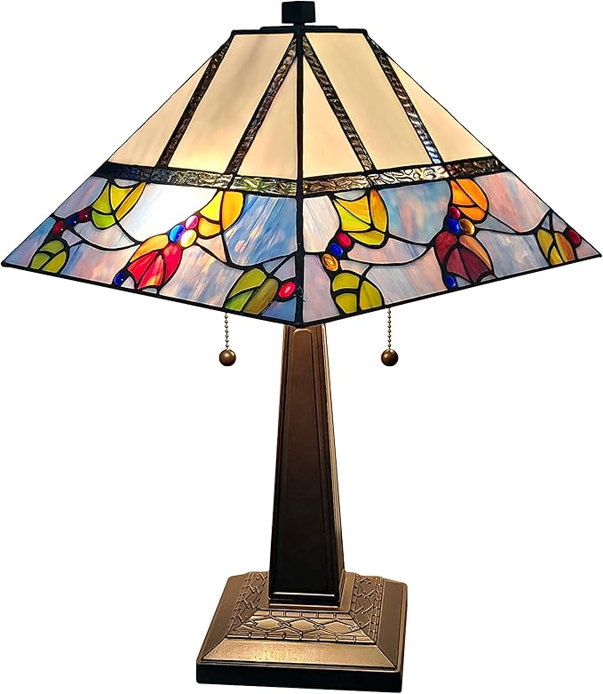 Tiffany Style Table Lamp Banker Mission 22" Tall Stained Glass Tan Blue Red Orange Green Vintage Antique Light Décor Night Stand Living Room Bedroom Handmade Gift AM300TL14B Amora Lighting, Multicolor