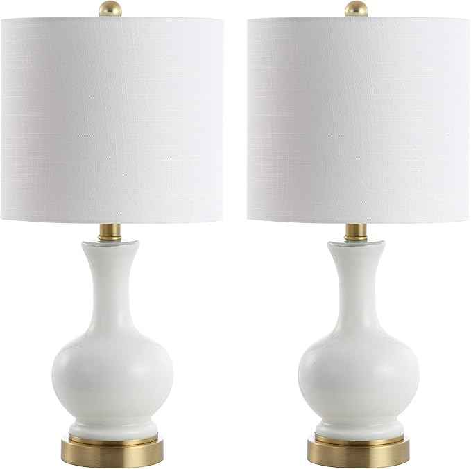 JONATHAN Y 22" White Modern Glass Table Lamp Set of 2, Brass Gold Bedside Lamp with White Linen Shade for Bedroom Living Room, LED Bulbs Included JYL4033A-SET2