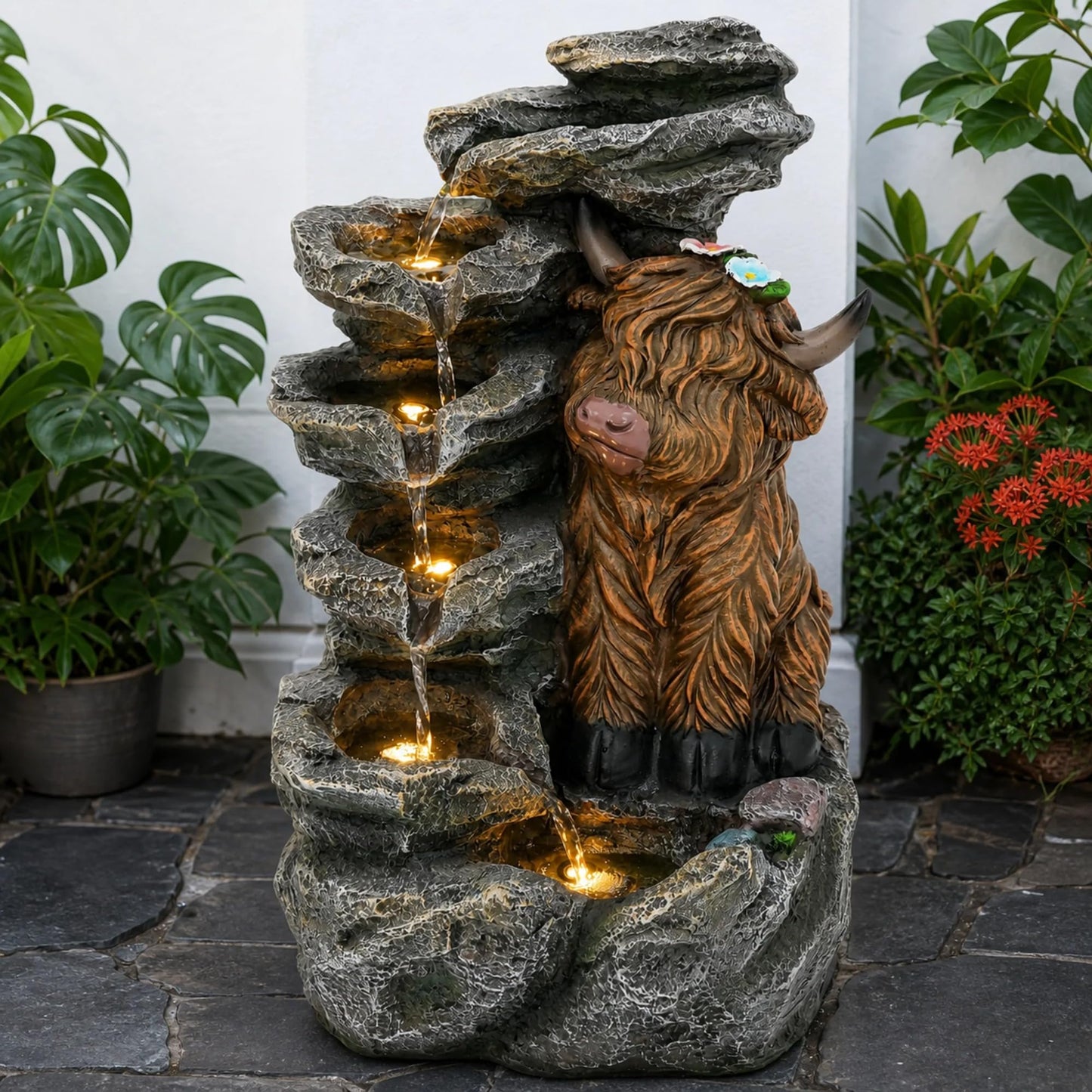 6 Tier Outdoor Water Fountain LED Waterfall with Highland Cow