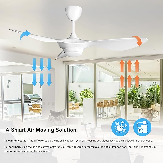 reiga 52 Inch Smart White Ceiling Fan with Light and Remote, ETL Listed Quiet DC Motor 3 Blade Indoor Outdoor Ceiling Fans for Bedroom Living Room Patios - Aura Lighting